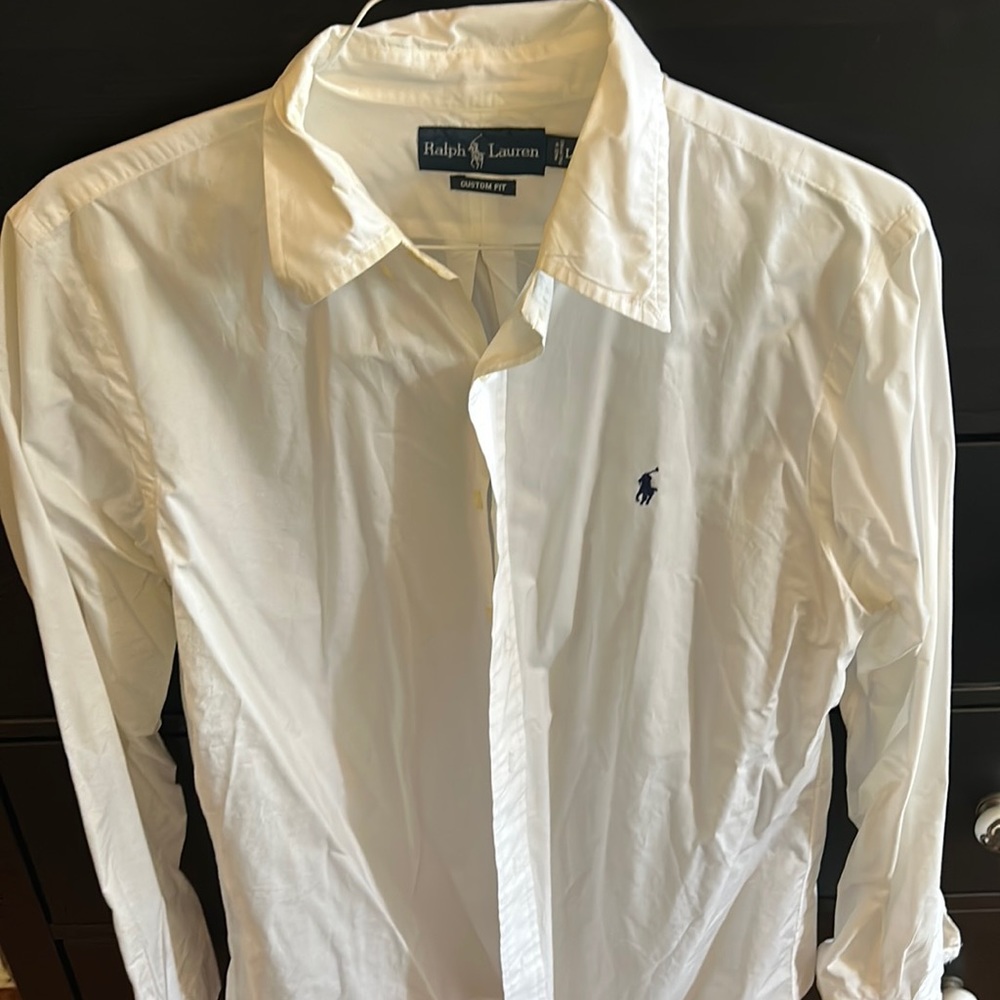 Women’s polo long sleeve white button down. Size large.